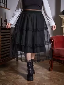 ROMWE Goth Plus Lace Trim Mesh Overlay Skirt - Black - View 1
