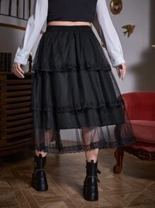 ROMWE Goth Plus Lace Trim Mesh Overlay Skirt - Black - View 2