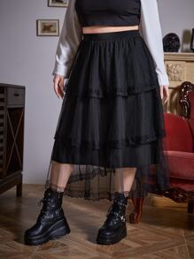 ROMWE Goth Plus Lace Trim Mesh Overlay Skirt - Black - View 3