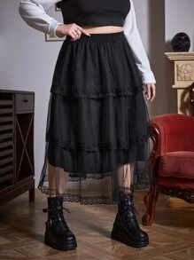 ROMWE Goth Plus Lace Trim Mesh Overlay Skirt - Black - View 4