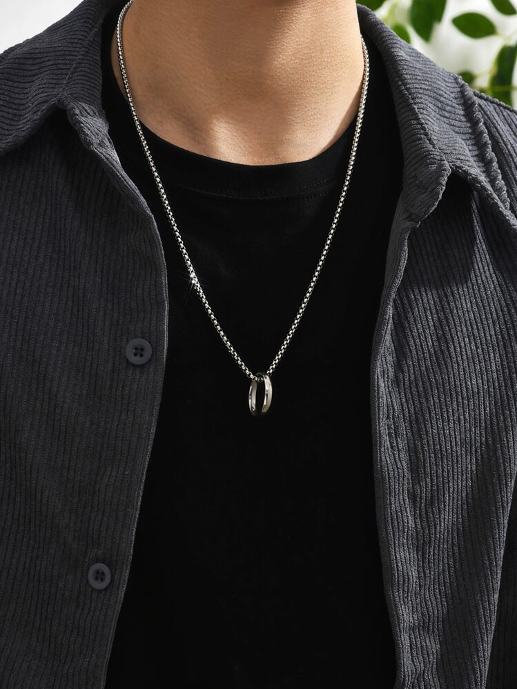 1pc Men Ring Pendant Necklace, Stainless Steel Jewelry - Silver - View 1