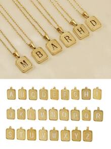 1入組字母細節矩形吊墜項鏈,不銹鋼首飾類 - 金黃色 - 查看 1
