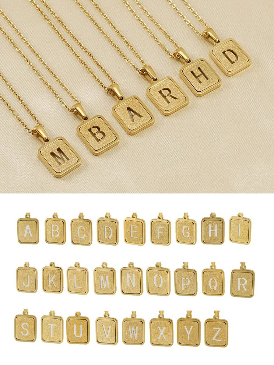 1入組字母細節矩形吊墜項鏈,不銹鋼首飾類 - 金黃色 - 查看 1