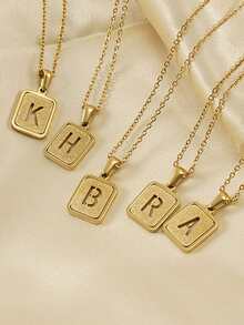 1入組字母細節矩形吊墜項鏈,不銹鋼首飾類 - 金黃色 - 查看 2