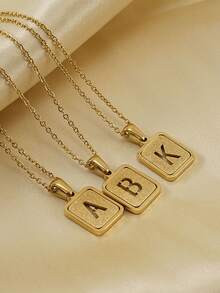 1入組字母細節矩形吊墜項鏈,不銹鋼首飾類 - 金黃色 - 查看 3