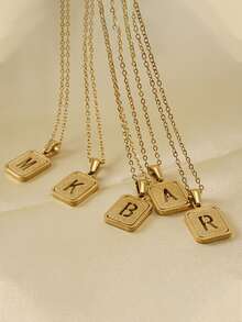 1入組字母細節矩形吊墜項鏈,不銹鋼首飾類 - 金黃色 - 查看 6