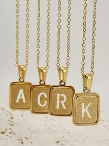 1入組字母細節矩形吊墜項鏈,不銹鋼首飾類 - 金黃色 - 查看 7