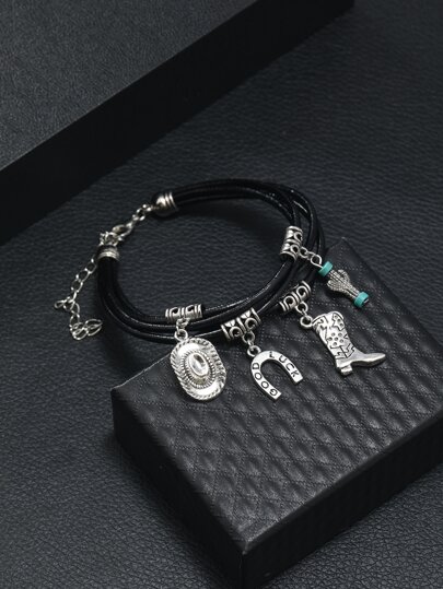Fashionable and Popular Men Boots & Hat Charm Layered Bracelet PU for Jewelry Gift and for a Stylish Look