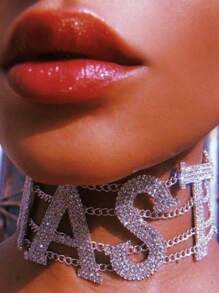 Rhinestone Letter Decor Choker Classy - Silver - View 1
