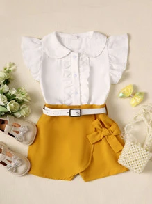 SHEIN Toddler Girls Ruffle Trim Blouse & Belted Shorts - Multicolor - View 1