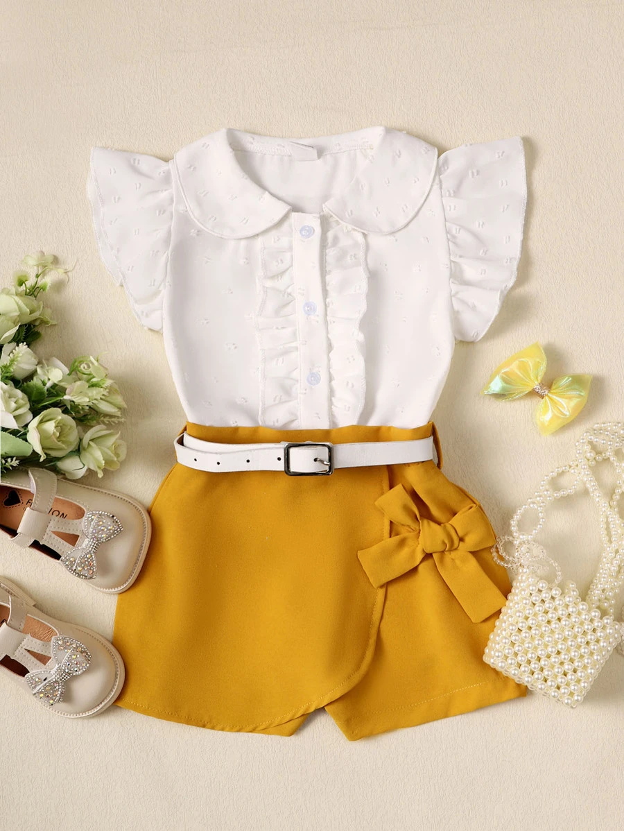 SHEIN Toddler Girls Ruffle Trim Blouse & Belted Shorts - Multicolor - View 1