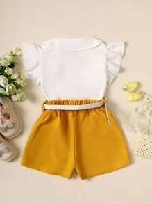 SHEIN Toddler Girls Ruffle Trim Blouse & Belted Shorts - Multicolor - View 2