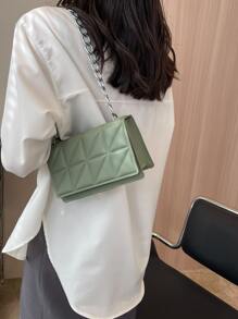 Fashionable,Minimalist,Casual,Mini Quilted Chain Strap Flap Square Bag For Girl, Teen Girls - Green - View 3