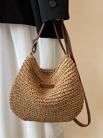 Yogodlns Bolso de paja con parche de letras, regalo del Día de la Madre, artículos esenciales de playa para mujeres para vacaciones y días festivos, bolso de playa de paja de verano para mujeres, artículos esenciales para vacaciones, que combina a la perfección con accesorios de playa para mujeres, los bolsos de playa talla grande populares para mujeres