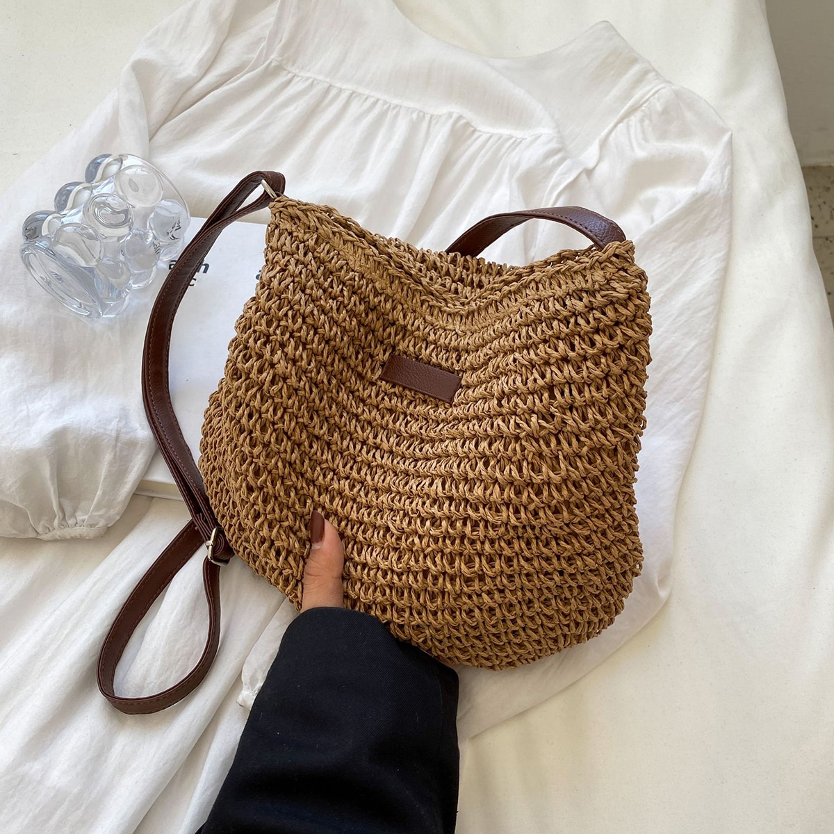 Bolso de paja con parche de letras, regalo del Día de la Madre, artículos esenciales de playa para mujeres para vacaciones y días festivos, bolso d