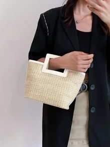 Tropiscape 撞色包边，草编钱包，草编沙滩包，沙滩必备，沙滩用品，沙滩小物和夏季必备品，度假氛围，假期放松，海滩，秋季，圣诞节，冬季，圣诞礼物 - 米色 - 查看 10