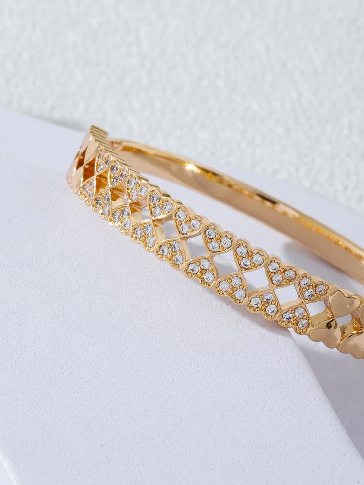 Cubic Zirconia Heart Decor Bangle - Yellow Gold - View 4