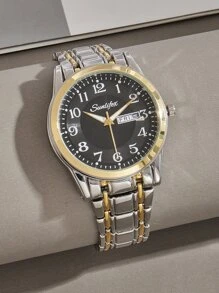 SUNLIFEX 男士圓形指針日期石英手錶帶工具 - 金色 - 查看 1