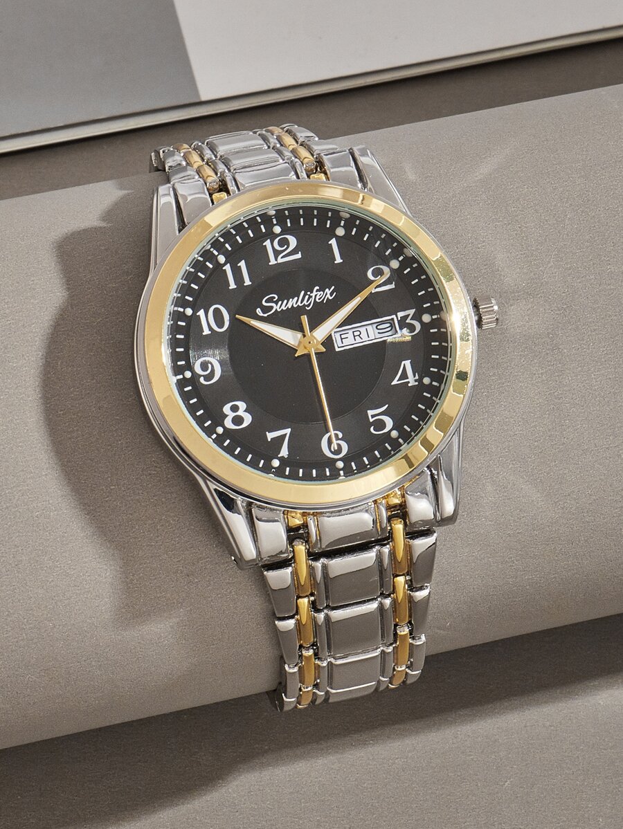 SUNLIFEX 男士圓形指針日期石英手錶帶工具 - 金色 - 查看 1