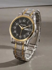 SUNLIFEX 男士圓形指針日期石英手錶帶工具 - 金色 - 查看 2