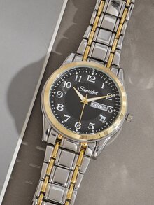 SUNLIFEX 男士圓形指針日期石英手錶帶工具 - 金色 - 查看 4