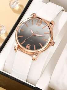 1入組漸變色錶盤石英表和1入組愛心裝飾手環 - 白色 - 查看 2