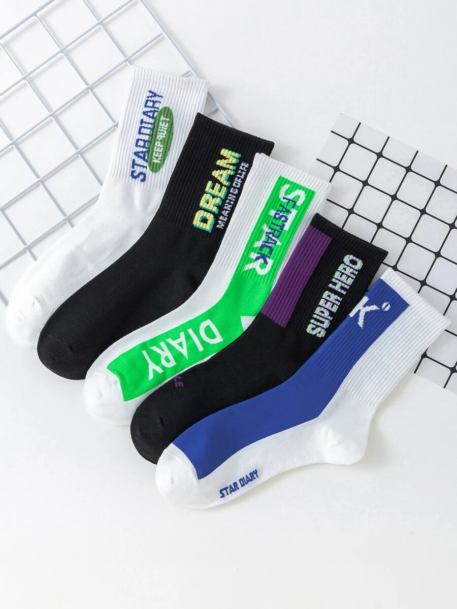 5pairs Men Letter Graphic Crew Socks - Multicolor - View 1