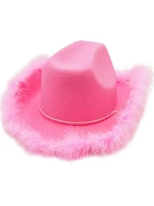 1pc Women Fashion Best Fuzzy Cowboy Hat Trim Fedora Hat - Pink - View 4