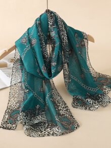 Boho 1pc Chain & Leopard Pattern Scarf Travel Accessories For Outdoor All Seasons - Green - View 2