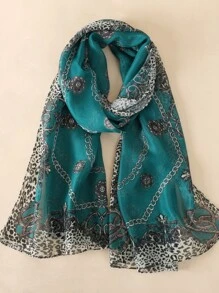Boho 1pc Chain & Leopard Pattern Scarf Travel Accessories For Outdoor All Seasons - Green - View 5