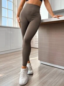 Yoga Basic 瑜伽打底褲無縫高彈力緊縮褶皺臀部競技褲襪帶寬腰帶 - 咖啡棕 - 查看 3