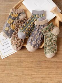 5 雙裝女式復古短襪,壓花設計,宮廷風格 - 彩色 - 查看 9