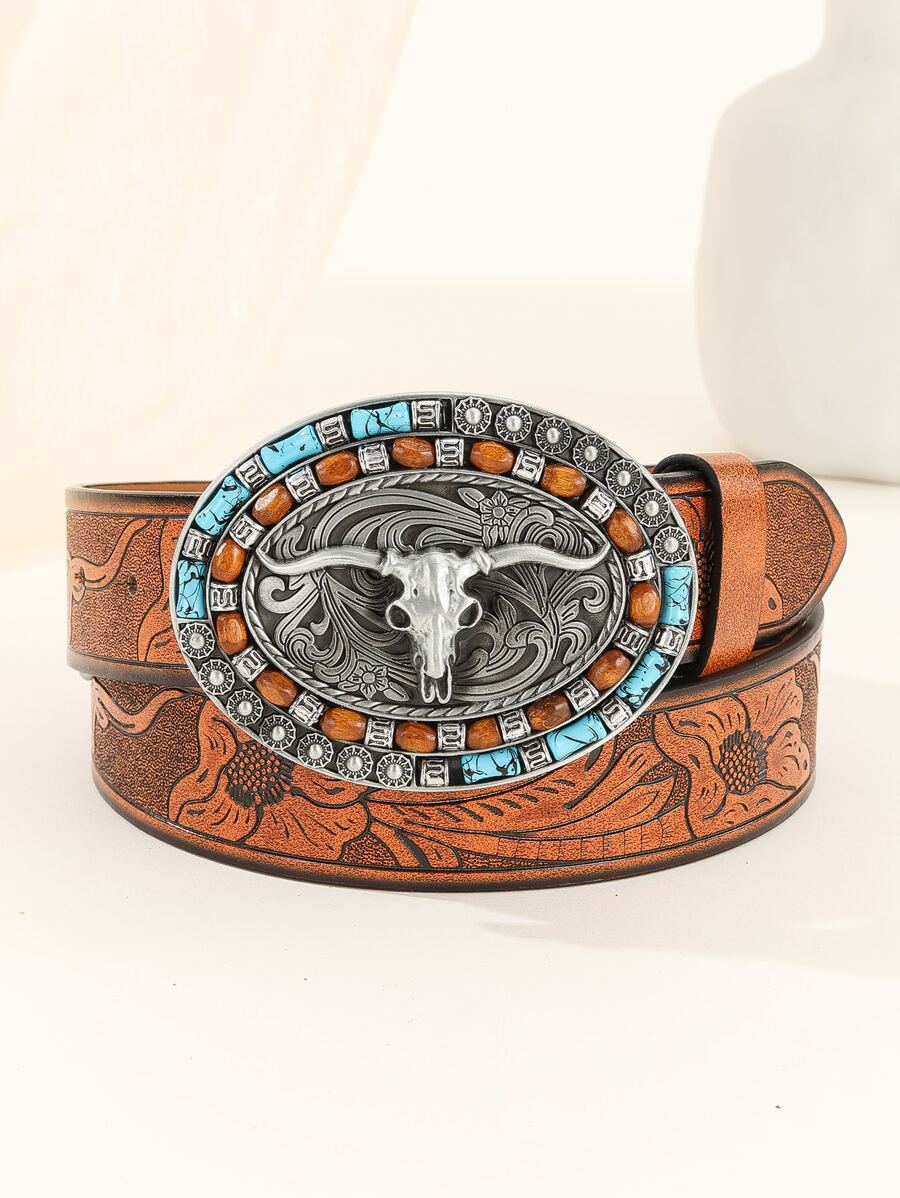 Cattle Head Detail Belt - Brown - View 1