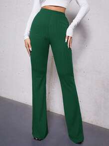SHEIN Tall High Waist Flare Leg Pants - Dark Green - View 1