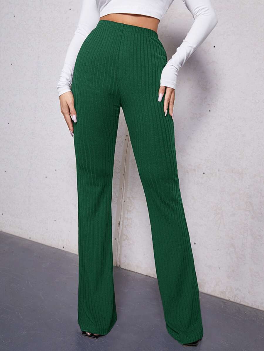 SHEIN Tall High Waist Flare Leg Pants - Dark Green - View 1
