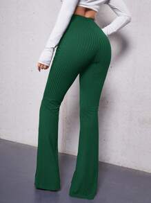 SHEIN Tall High Waist Flare Leg Pants - Dark Green - View 2