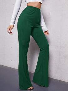 SHEIN Tall High Waist Flare Leg Pants - Dark Green - View 3