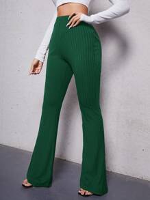 SHEIN Tall High Waist Flare Leg Pants - Dark Green - View 4
