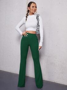 SHEIN Tall High Waist Flare Leg Pants - Dark Green - View 5
