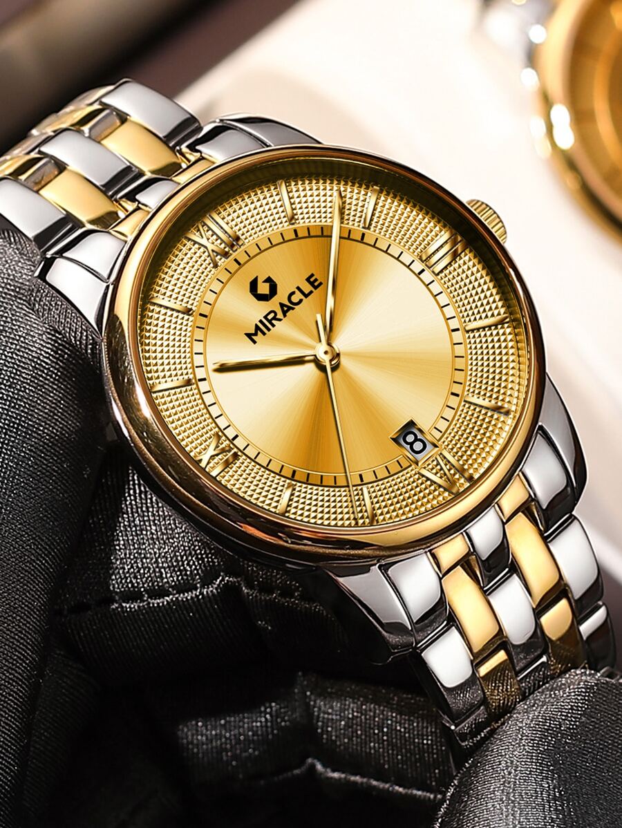 1入組男士金屬不銹鋼錶帶商務日期圓形錶盤機械手錶適合日常生活 - 金色 - 查看 1