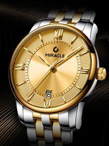 1入組男士金屬不銹鋼錶帶商務日期圓形錶盤機械手錶適合日常生活 - 金色 - 查看 2