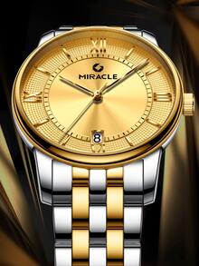 1入組男士金屬不銹鋼錶帶商務日期圓形錶盤機械手錶適合日常生活 - 金色 - 查看 3