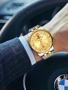 1入組男士金屬不銹鋼錶帶商務日期圓形錶盤機械手錶適合日常生活 - 金色 - 查看 4