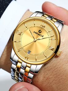 1入組男士金屬不銹鋼錶帶商務日期圓形錶盤機械手錶適合日常生活 - 金色 - 查看 5