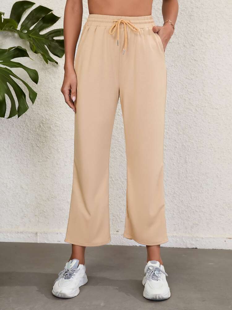 Drawstring Waist Slant Pocket Cropped Sports Pants - Khaki - View 1