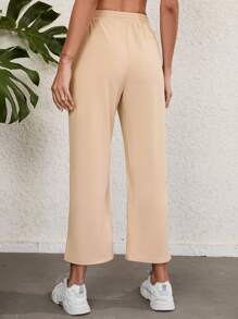 Pantalones deportivos de cintura con cordón con bolsillo oblicuo crop - Caqui - Ver 2