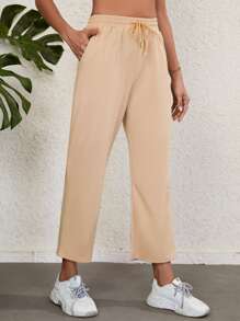 Pantalones deportivos de cintura con cordón con bolsillo oblicuo crop - Caqui - Ver 3