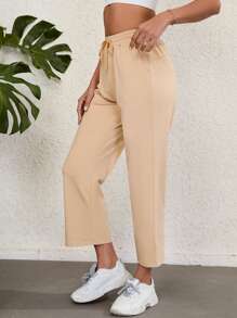 Pantalones deportivos de cintura con cordón con bolsillo oblicuo crop - Caqui - Ver 4