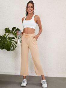 Pantalones deportivos de cintura con cordón con bolsillo oblicuo crop - Caqui - Ver 5