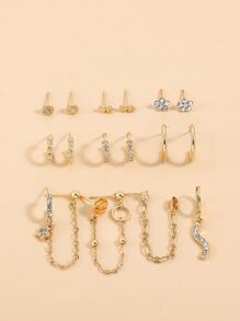 8入組/對鋅合金&鑽石裝飾吊墜釘式耳環 - 金黃色 - 查看 2